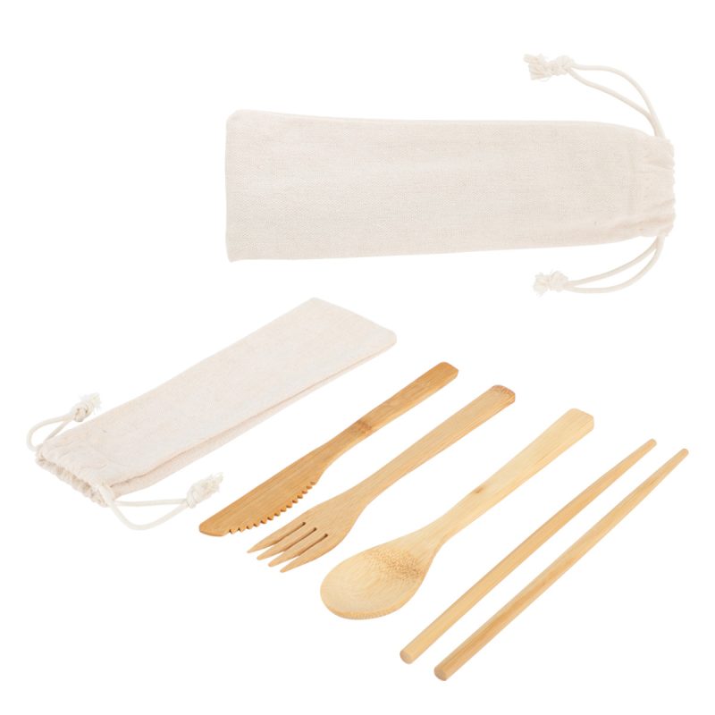Bamboo Cutlery Set In Cotton Drawstring Pouch - 1