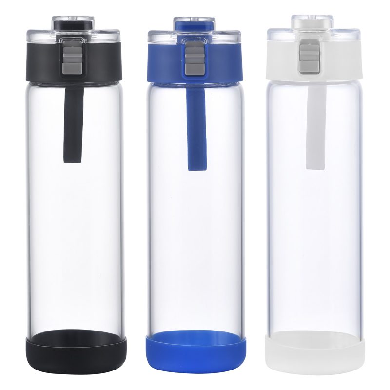 Hector 22 oz Push-Button Glass Bottle w/ Silicone Strap & Base - 1