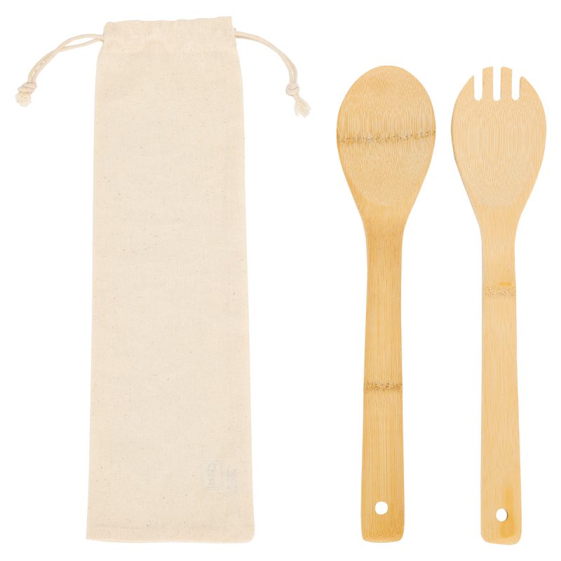 Bamboo Salad Utensils with Cotton Pouch - 1